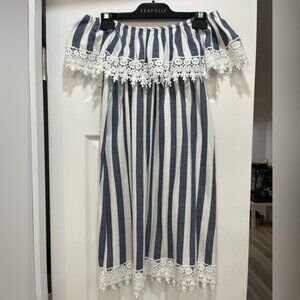 Off Shoulder Boho Stripe Dress White Denim Blue Crochet Trim Cottagecore